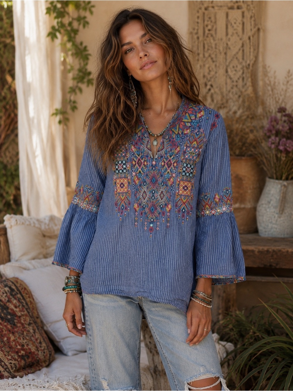 Johnny Was Embroidered Boho Peasant Top Blue Striped Bell Sleeve XS Hippie Chic